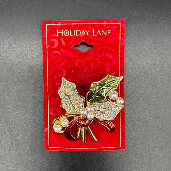 Christmas Brooch Pin Holiday Lane Holly Red Green Enamel Faux Pearls Rhinestones - Picture 2 of 7